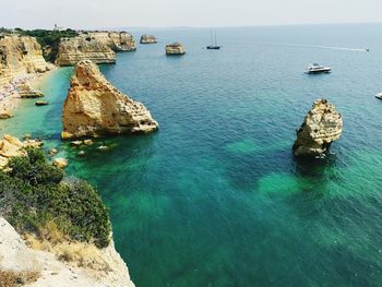 High angle view of rocks in sea against sky