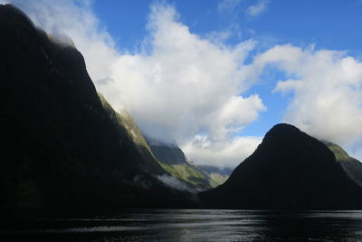 Scenic view of sea and mountains against sky