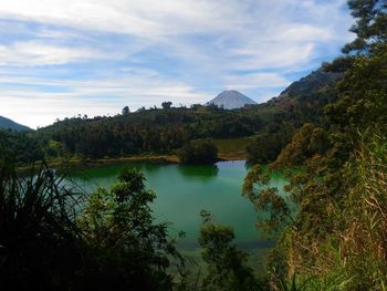 Scenic view of lake against cloudy sky