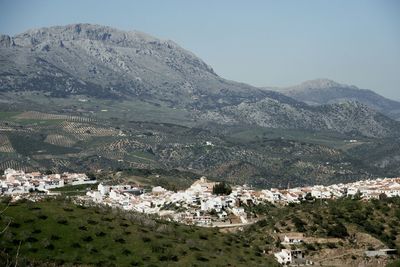 High angle view of mountains against clear sky