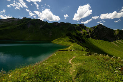 Scenic view of lake and mountains against sky