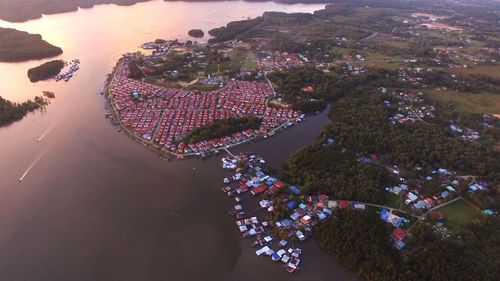 High angle view of city by sea