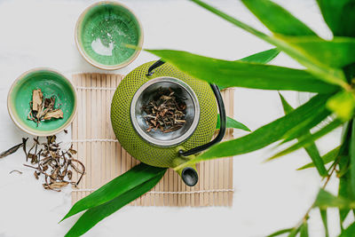 High angle view of green leaves on table