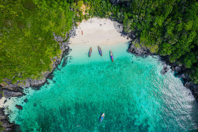 High angle view of longtail boats moored at shore of beach