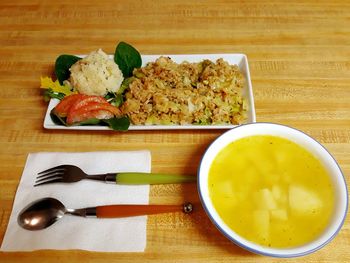 High angle view of meal served on table