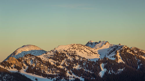 Panoramic view of snowcapped mountains against clear sky