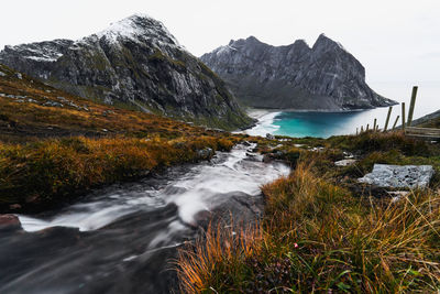 Panoramic view of river flowing into the ocean at kvalvika beach on lofoten moskenesoya norway