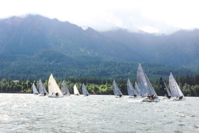 Sailboats in sea by mountains against sky