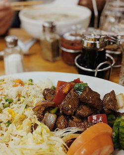 Close-up of food served on table