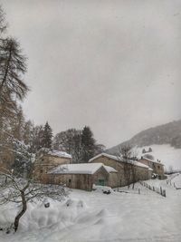 Houses on snow covered landscape against sky