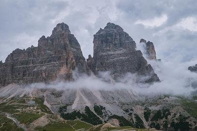 Panoramic view of mountains against sky. cadini di misurina on a cloudy day, dolomites, south tyrol