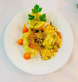 High angle view of breakfast served on table