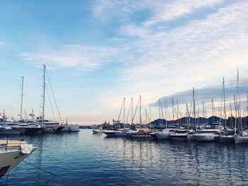 Boats moored at harbor