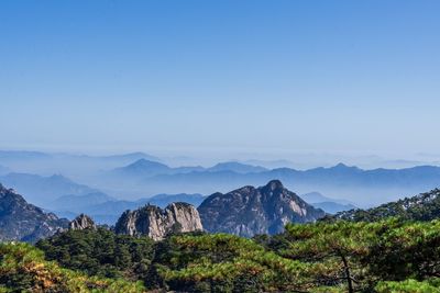 Scenic view of mountains against clear blue sky