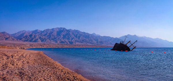 Scenic view of sea against clear blue sky