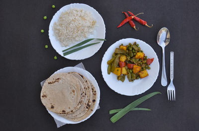 High angle view of breakfast on table