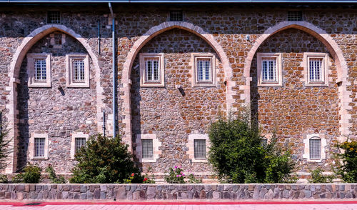 Brick wall of famous troodos orthodox church in summer cyprus