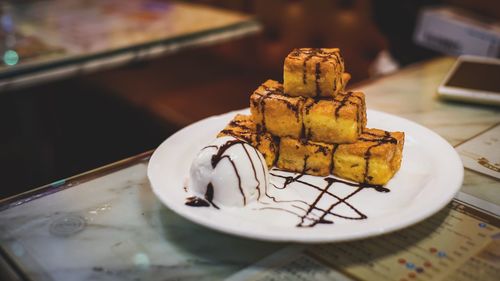 Close-up of dessert on plate on table