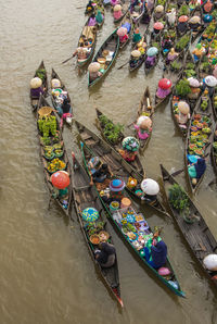 High angle view of people in floating market