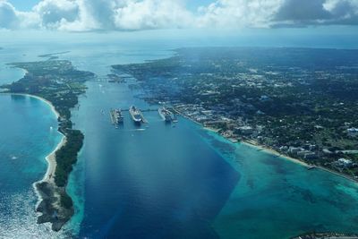 Aerial view of cruise ships at harbor