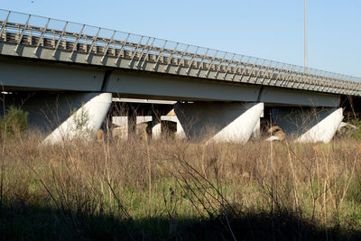 Built structure on field against clear sky