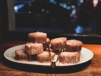 Close-up of cake in plate on table