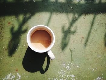 High angle view of coffee cup on table