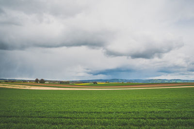 Scenic view of grassy field against cloudy sky