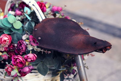 Close-up of old bicycle seat by roses
