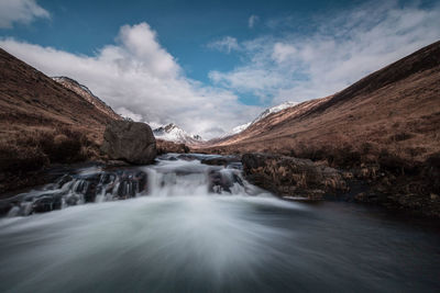 Scenic view of waterfall against sky