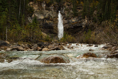 The pretty laughing falls in yoho national park on a rainy day