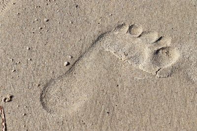 High angle view of footprints on sand