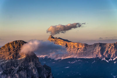 Scenic view of mountains against sky during sunset