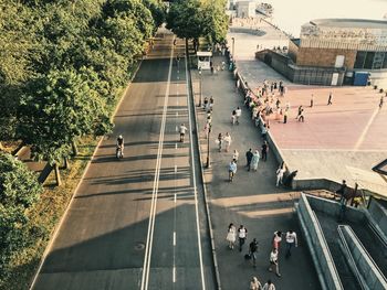 High angle view of people on street