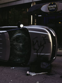 Close-up of vintage car on city street
