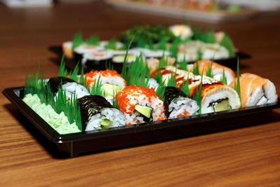 Close-up of sushi served on table