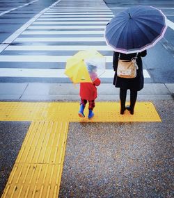 Female and child under umbrellas standing by zebra crossing