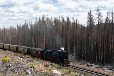 Train on railroad track against sky