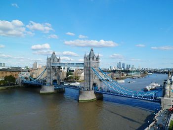 Bridge over river with city in background