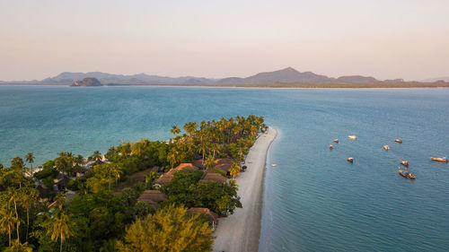 Aerial view of koh mook or koh muk island with beautiful sky and sunrise, in trang, thailand. 