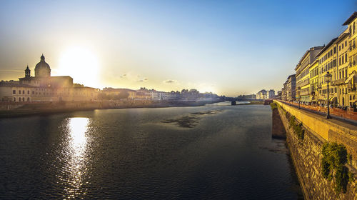 Buildings at waterfront during sunset