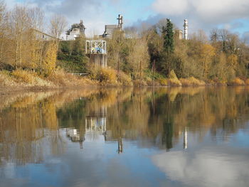 Reflection of trees in lake against sky