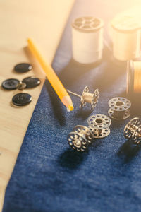 High angle view of objects on table