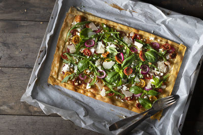 High angle view of pizza on table