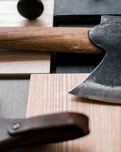 High angle view of work tools on wooden table