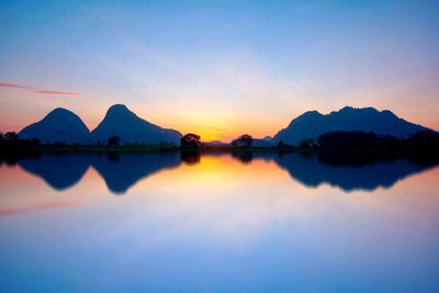 Scenic view of lake against sky at sunset