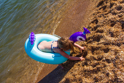 High angle view of woman on beach