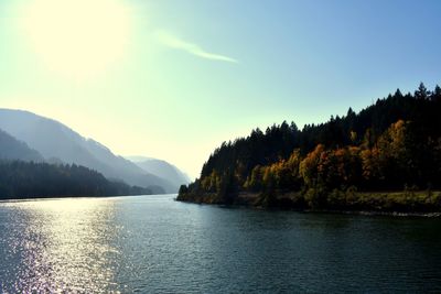 Scenic view of lake by trees against sky