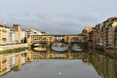 Arch bridge over canal amidst buildings in city against sky