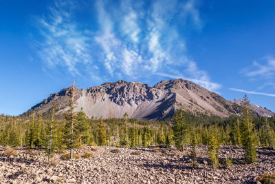 Scenic view of mountains against blue sky